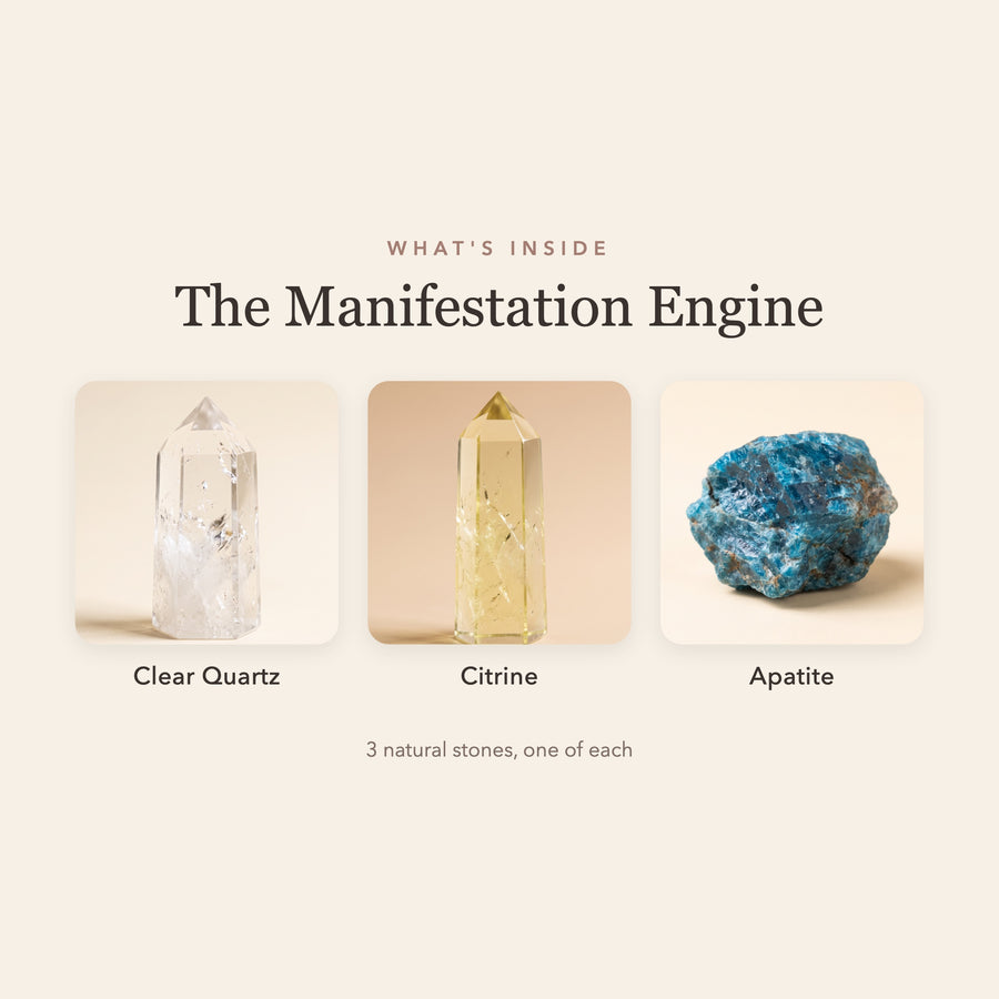 What's inside The Manifestation Engine: clear quartz, citrine and apatite