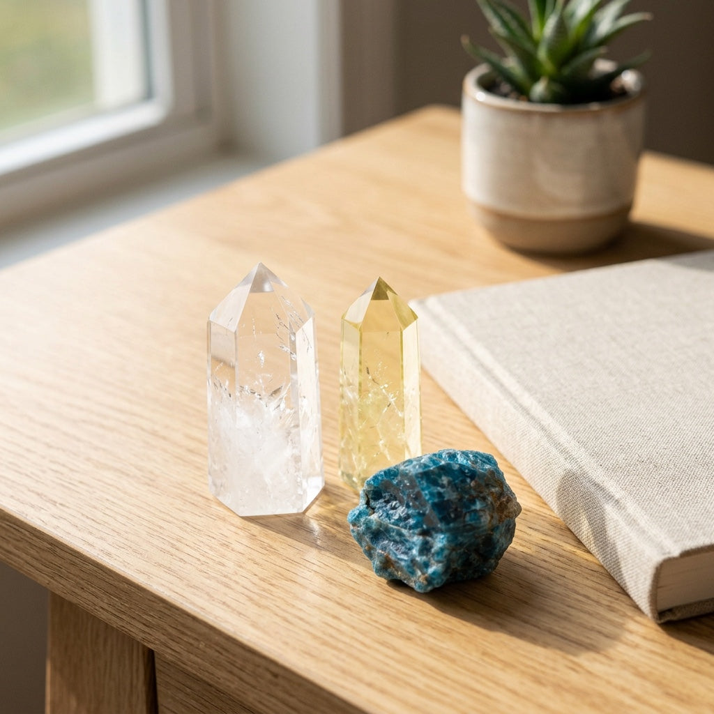 The Manifestation Engine stones on a light oak desk