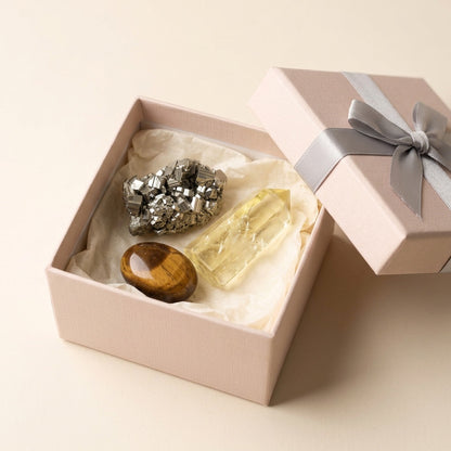 The Abundance Mindset Stack in the Stones and Rockz pink gift box