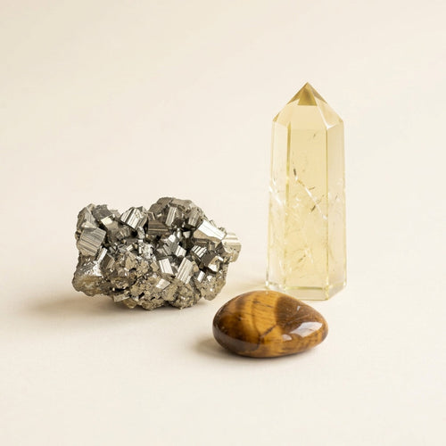 The Abundance Mindset Stack crystal set: pyrite, citrine and tiger's eye