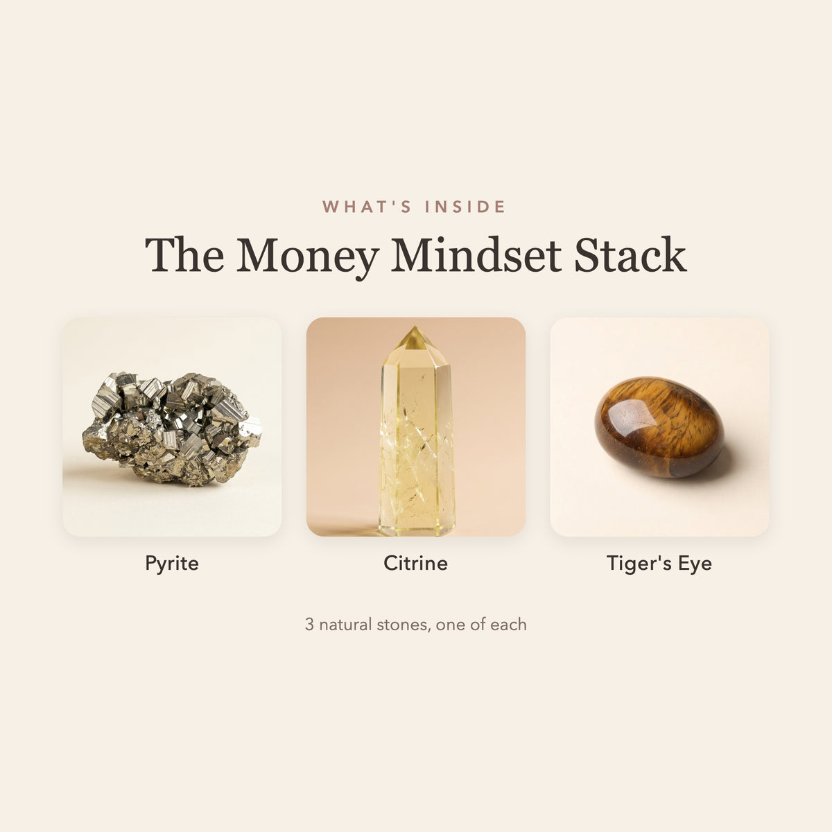 What's inside The Abundance Mindset Stack: pyrite, citrine and tiger's eye