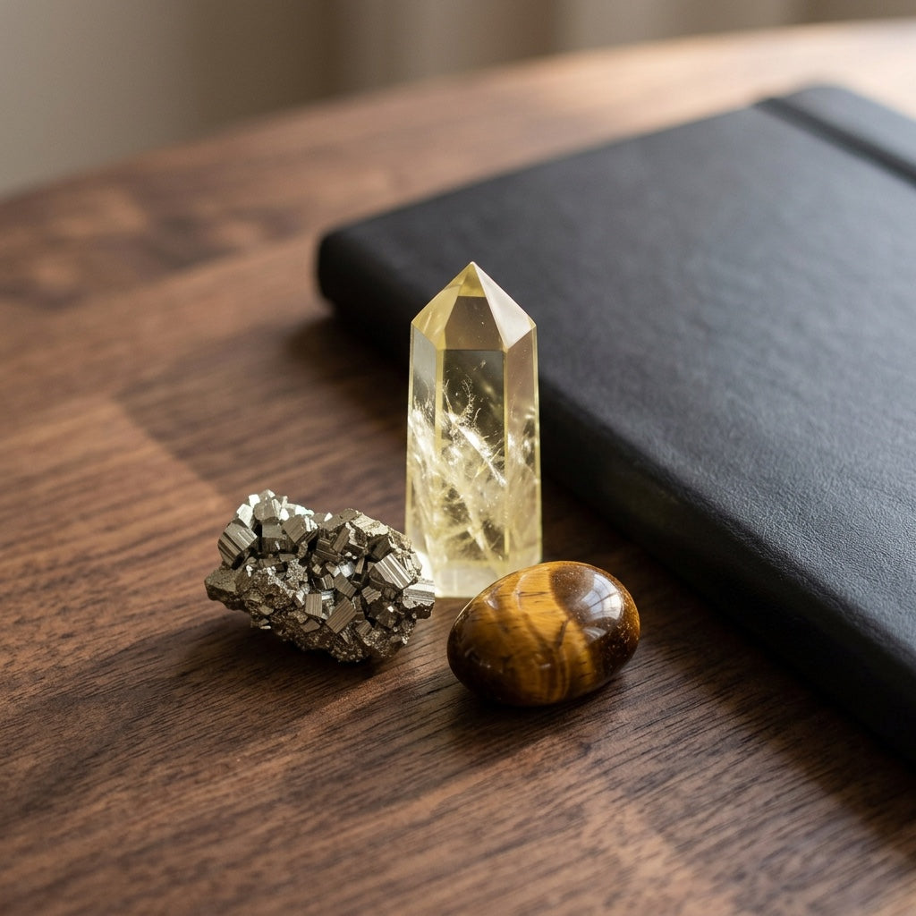The Abundance Mindset Stack stones on a dark walnut desk