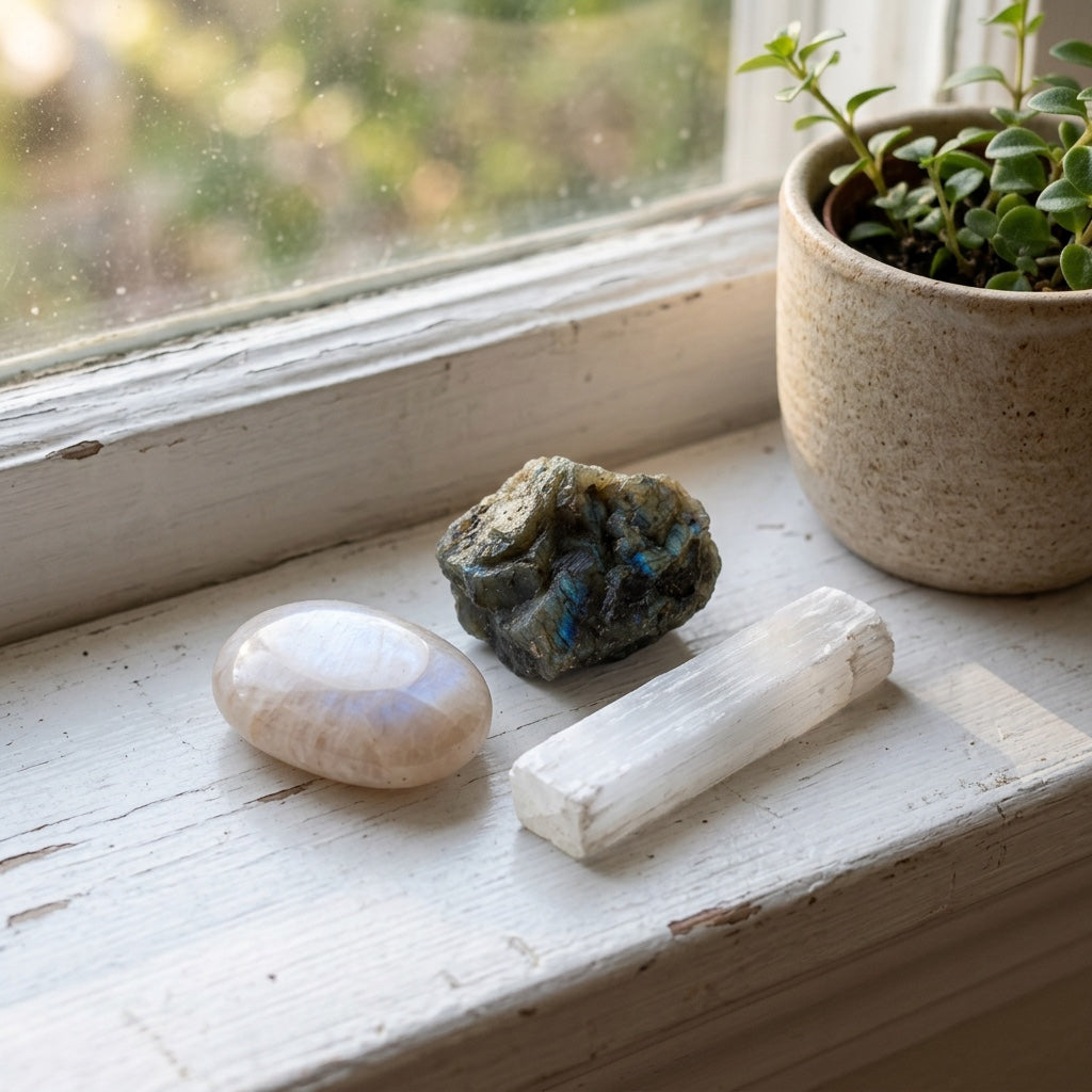 The New Chapter Kit stones on a white windowsill