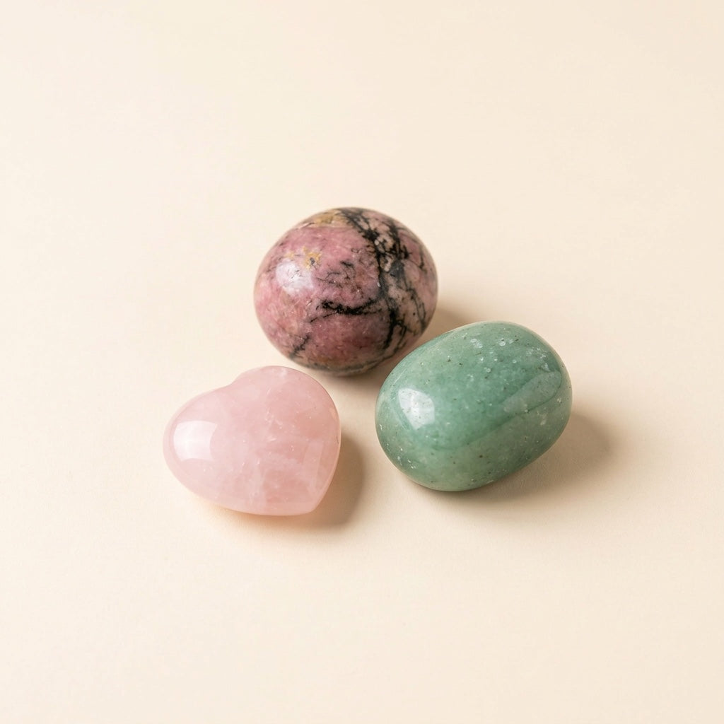 The Open Heart Repair crystal set: rose quartz, rhodonite and green aventurine