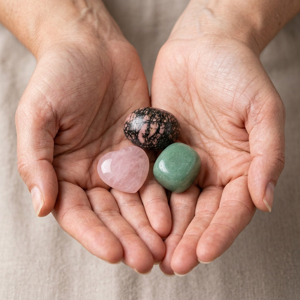 The Open Heart Repair stones held in cupped hands to show size