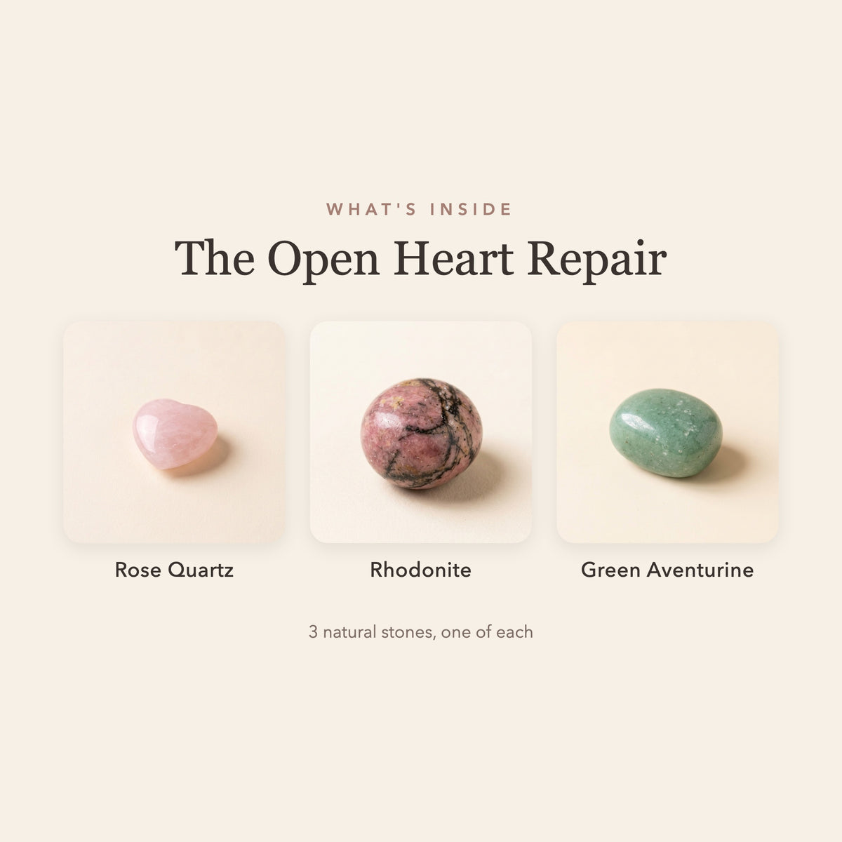 What's inside The Open Heart Repair: rose quartz, rhodonite and green aventurine