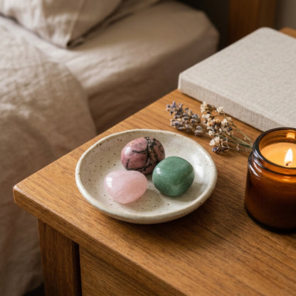 The Open Heart Repair stones on a small ceramic dish on a bedside table