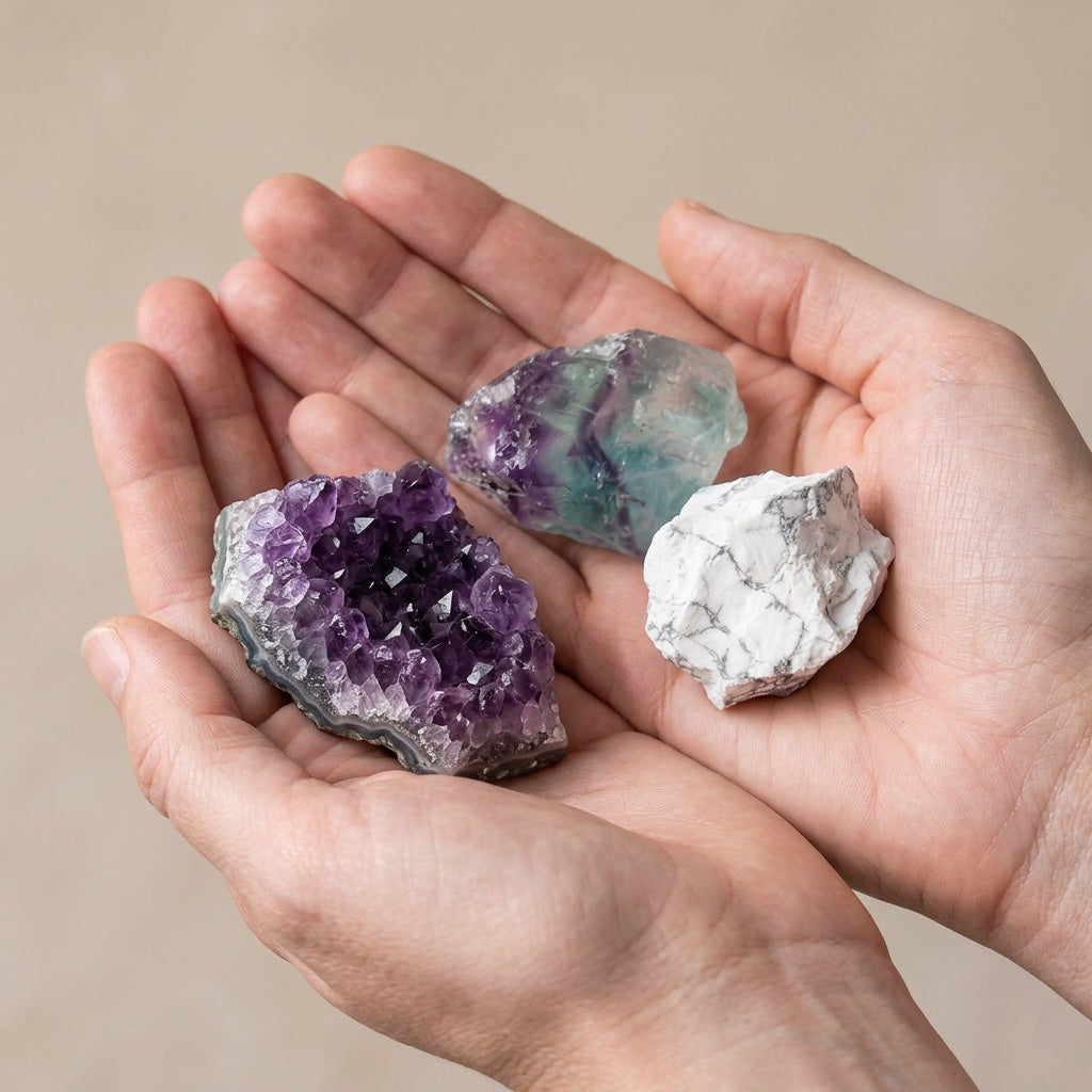 The Overthinker's Reset stones held in cupped hands to show size