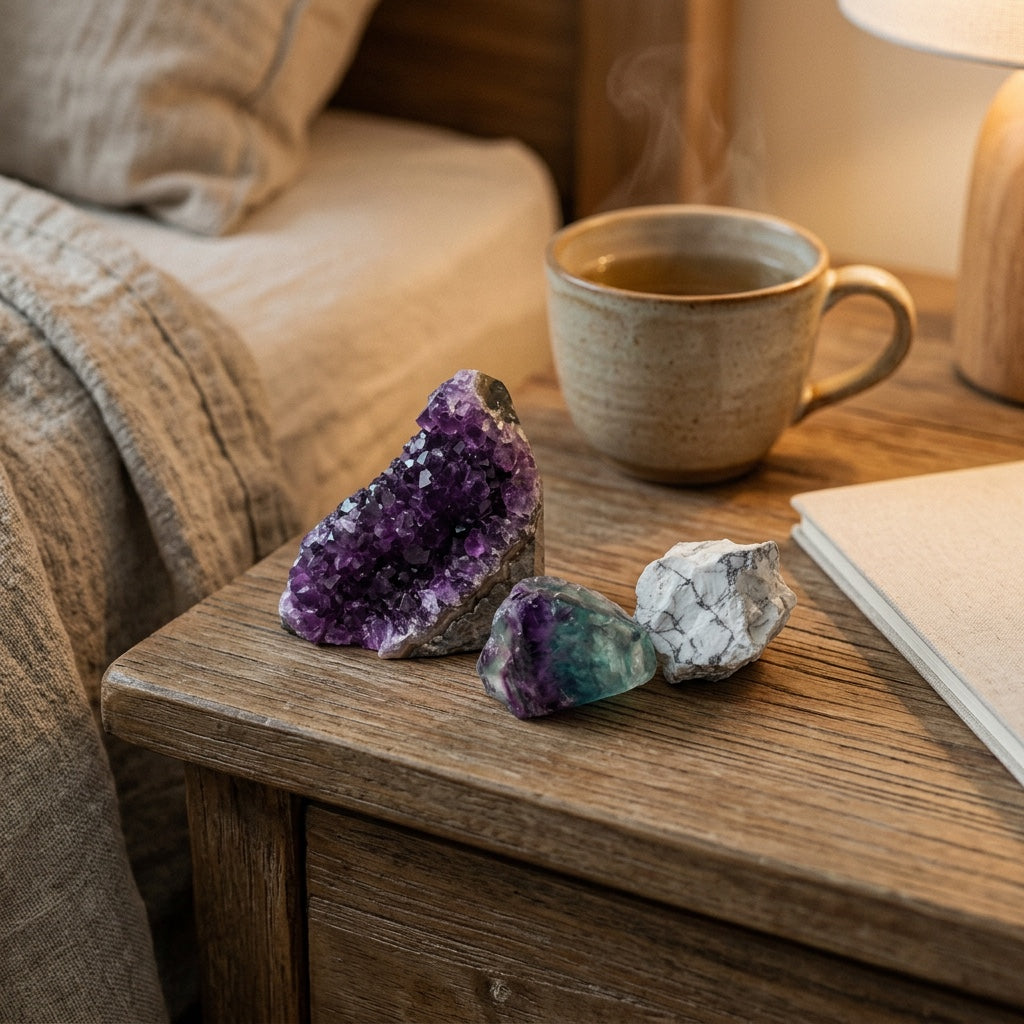 The Overthinker's Reset stones on a bedside table