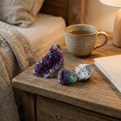 The Overthinker's Reset stones on a bedside table