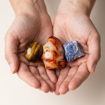 The Quiet Confidence Kit stones held in cupped hands to show size