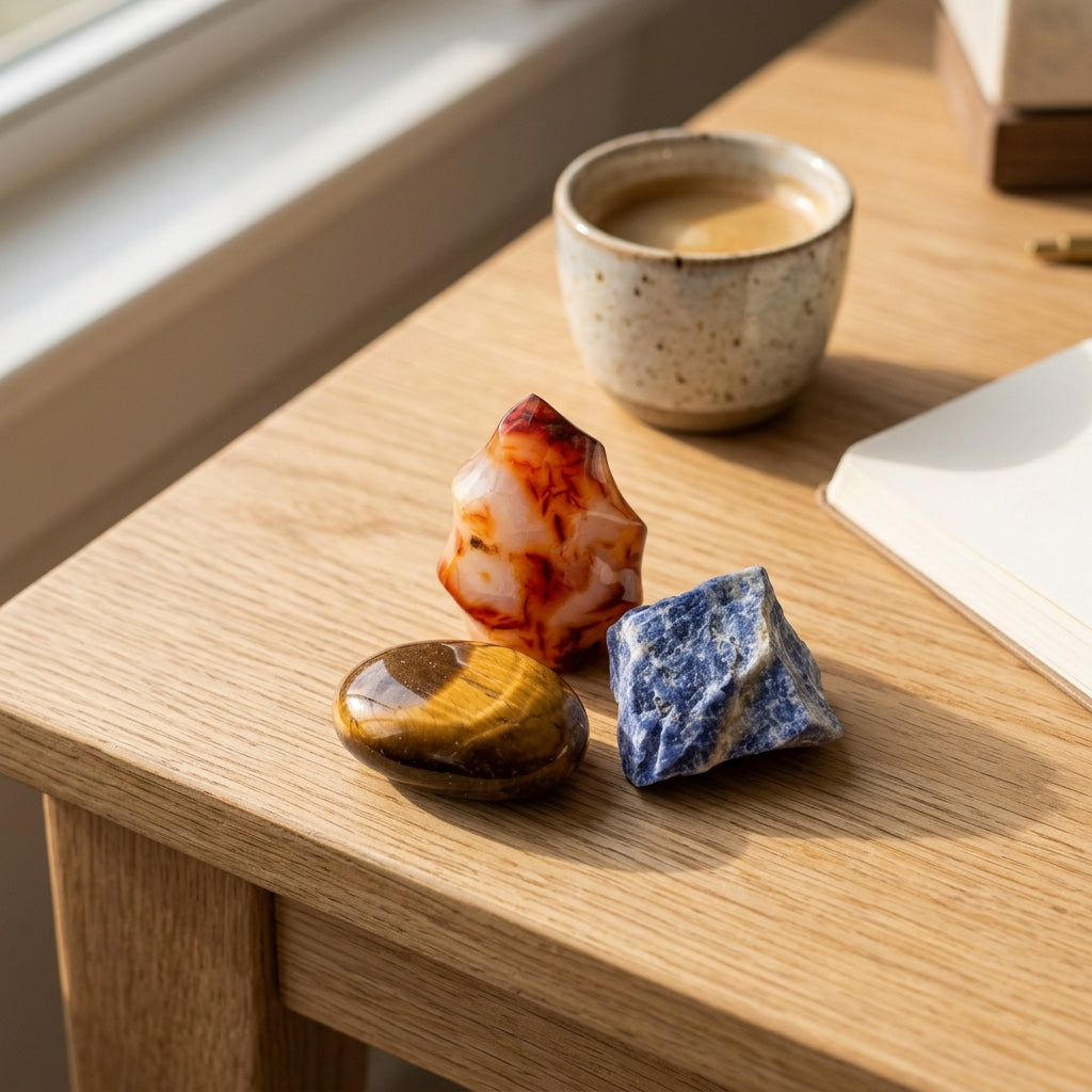 The Quiet Confidence Kit stones on a light oak desk