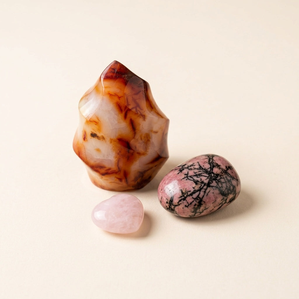 The Self-Worth Builder crystal set: rhodonite, carnelian and rose quartz