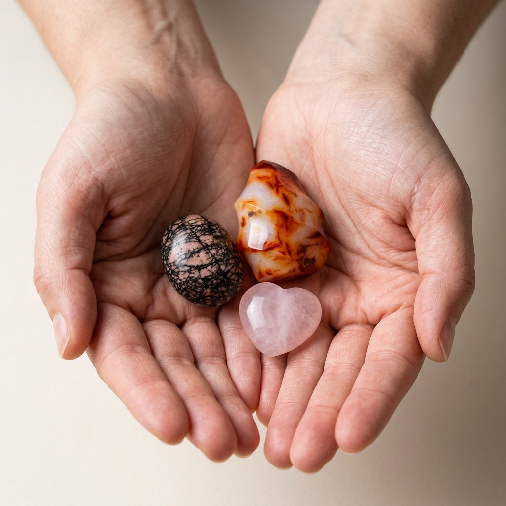 The Self-Worth Builder stones held in cupped hands to show size