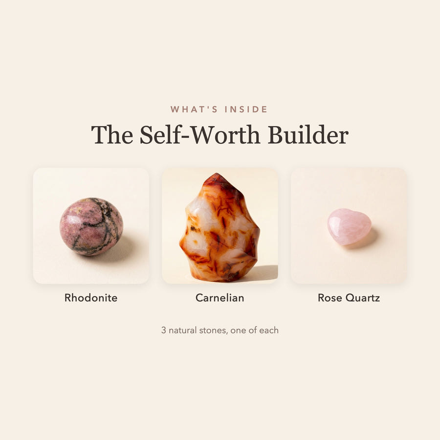 What's inside The Self-Worth Builder: rhodonite, carnelian and rose quartz