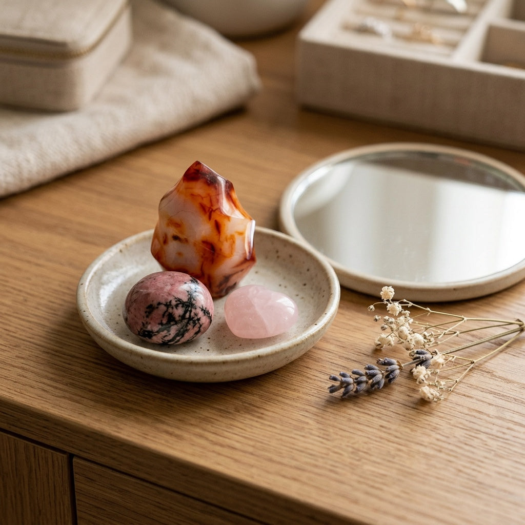 The Self-Worth Builder stones on a small ceramic dish on a dressing table