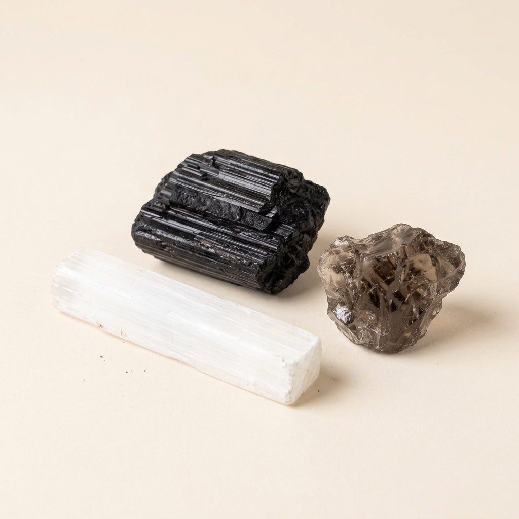 The Storm Anchor crystal set: black tourmaline, smoky quartz and selenite