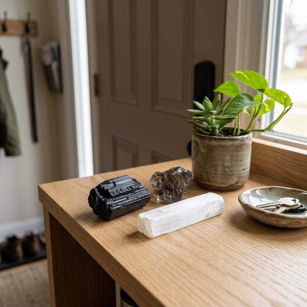 The Storm Anchor stones on a light oak shelf by the front door